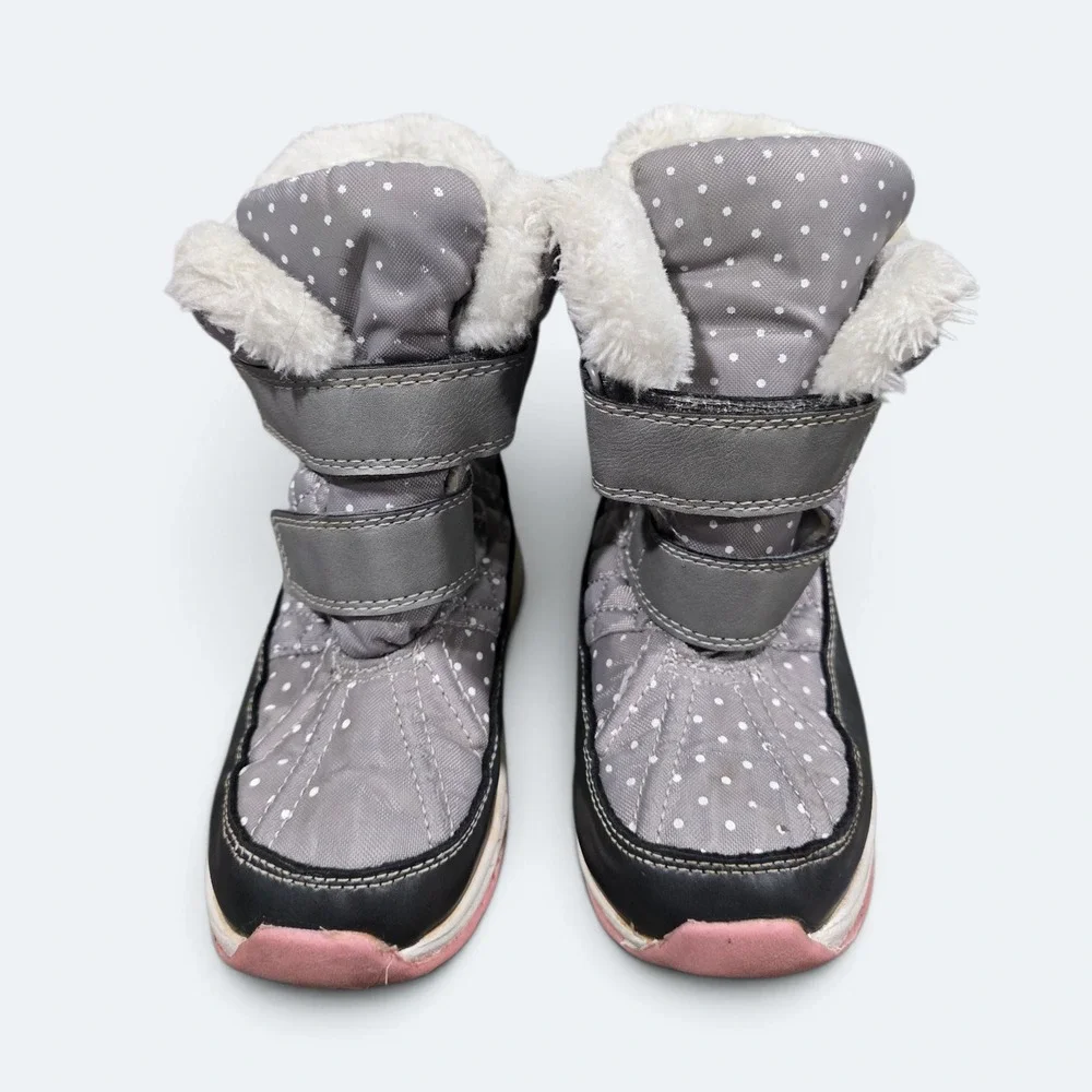 Carters Girls Size 13 Grey Polka Dot Quilted Snow Boots Faux Fur Trim